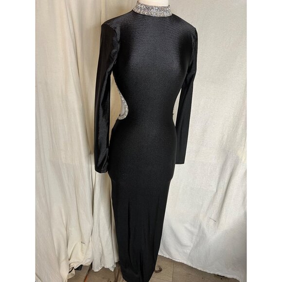 Fashion Nova Black Long Sleeve Backless Dress With Rhinestone Trim Evening  flaw - Picture 1 of 16